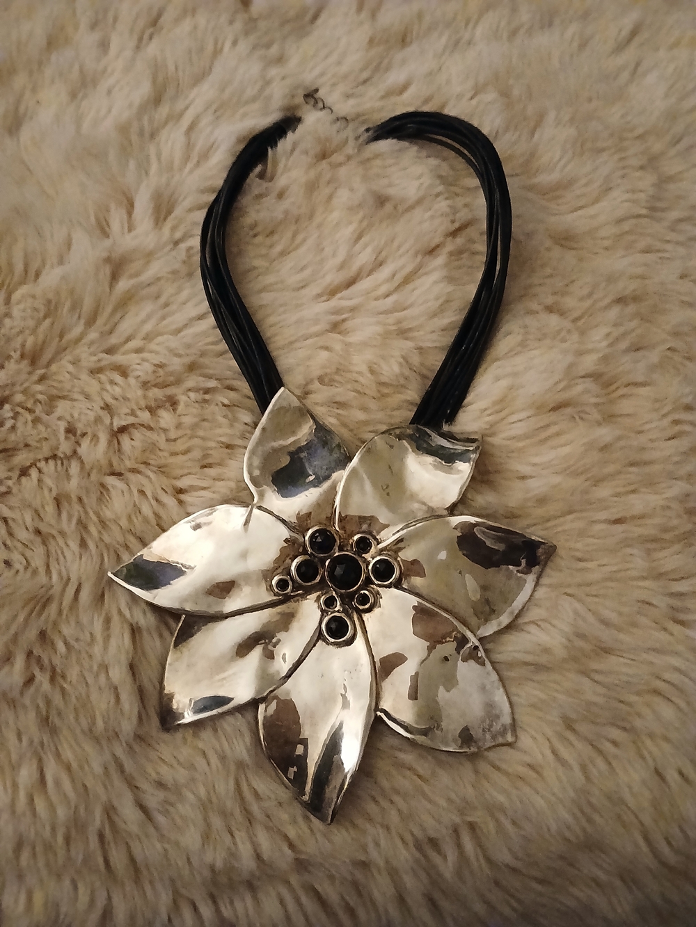 Silver Floral Statement Necklace with Black Cord